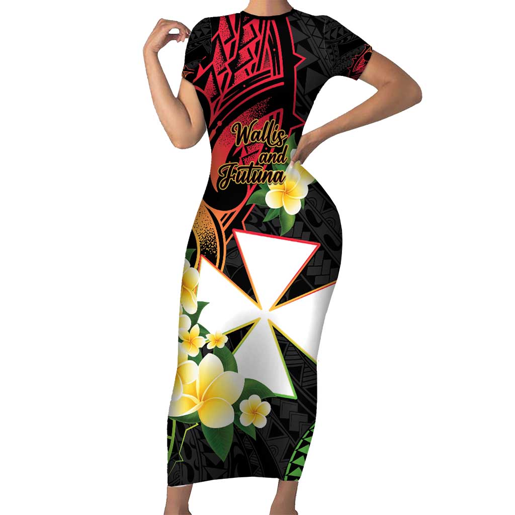 Wallis and Futuna Victory Day Short Sleeve Bodycon Dress Liberty Equality Fraternity Polynesian Plumeria LT14 Long Dress Black - Polynesian Pride