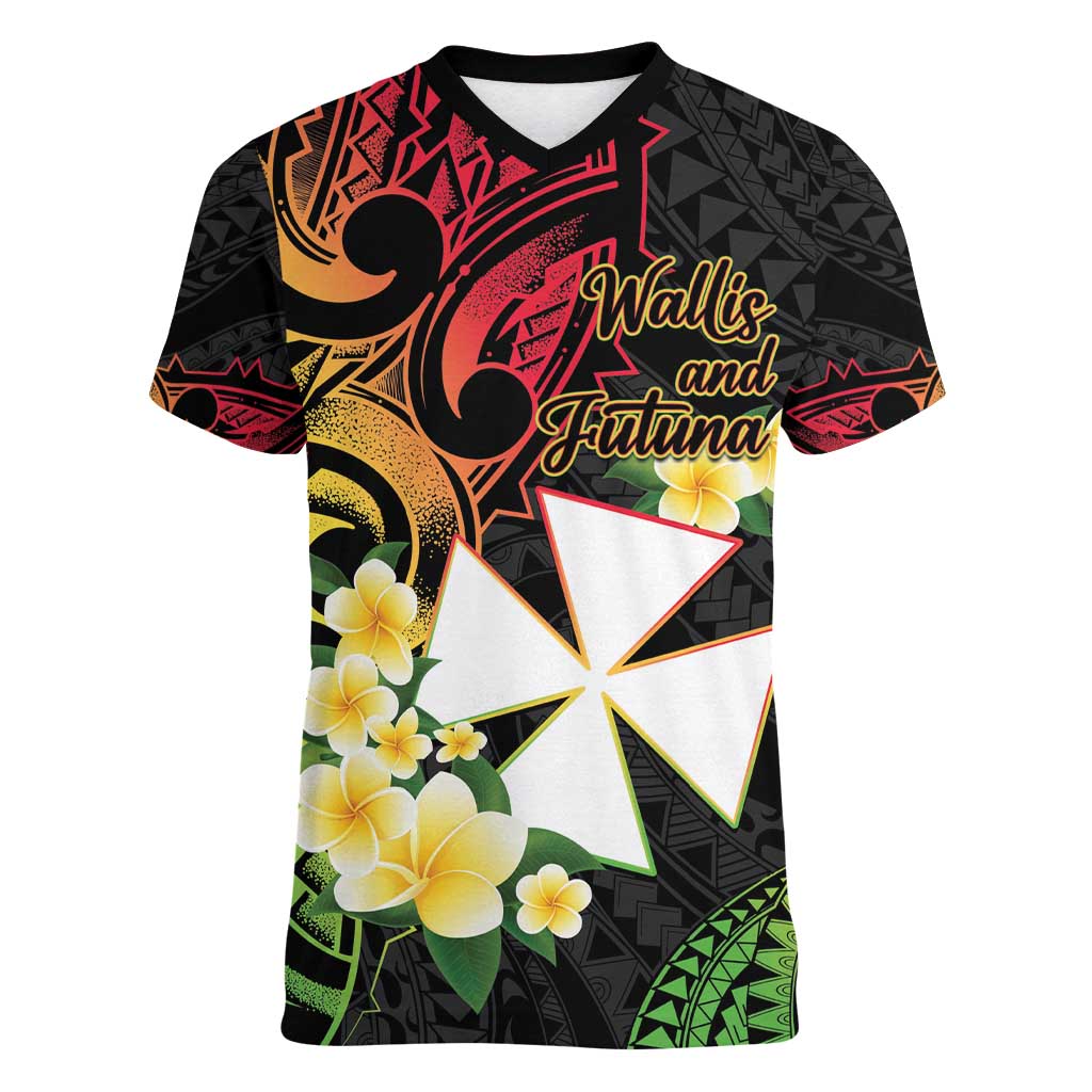 Wallis and Futuna Victory Day Women V-Neck T-Shirt Liberty Equality Fraternity Polynesian Plumeria LT14 Female Black - Polynesian Pride