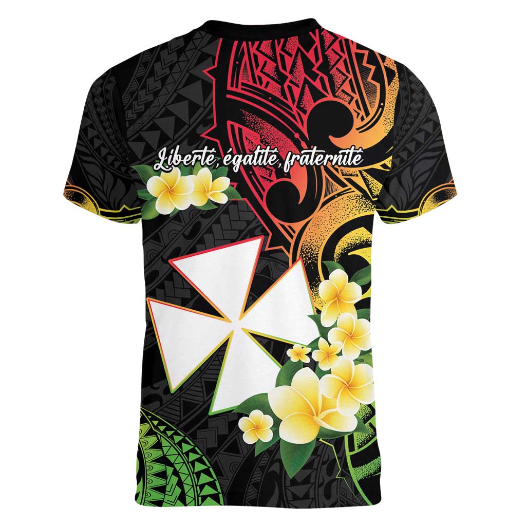 Wallis and Futuna Victory Day Women V-Neck T-Shirt Liberty Equality Fraternity Polynesian Plumeria LT14 - Polynesian Pride
