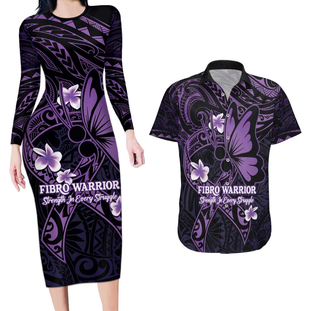 Personalised Fibromyalgia Awareness Month Couples Matching Long Sleeve Bodycon Dress and Hawaiian Shirt Fibro Warrior Strength In Every Struggle LT14 Purple - Polynesian Pride