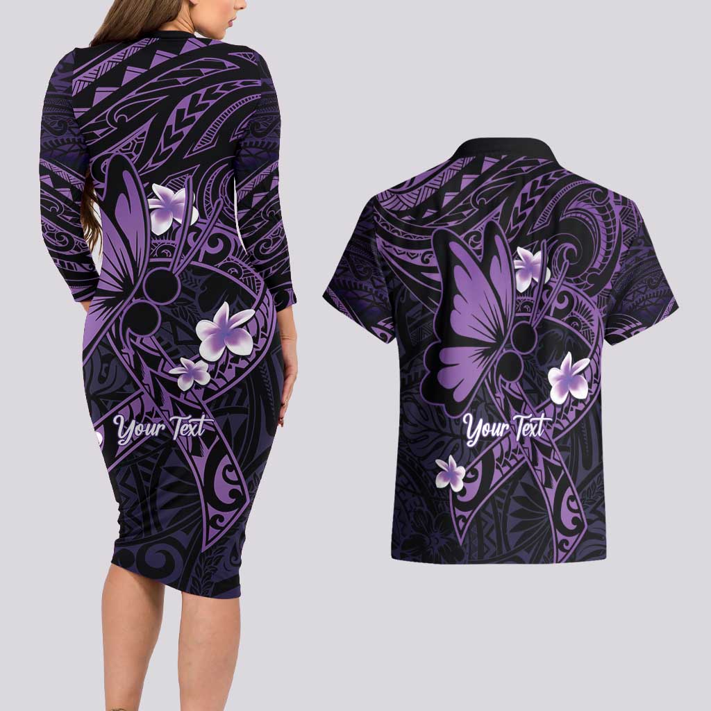 Personalised Fibromyalgia Awareness Month Couples Matching Long Sleeve Bodycon Dress and Hawaiian Shirt Fibro Warrior Strength In Every Struggle LT14 - Polynesian Pride