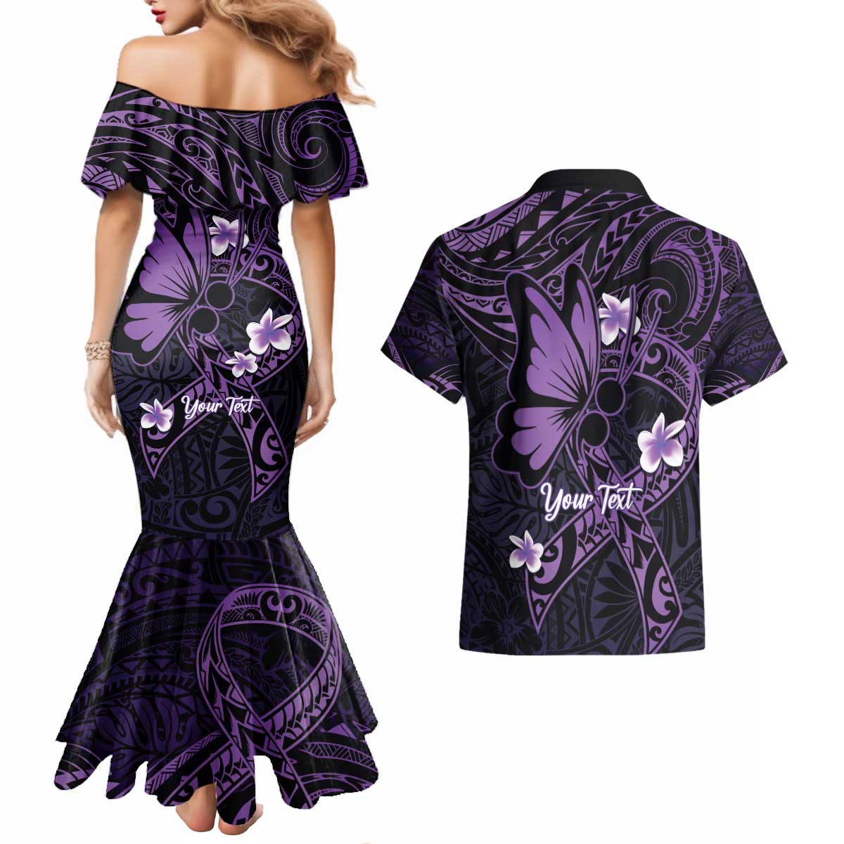 Personalised Fibromyalgia Awareness Month Couples Matching Mermaid Dress and Hawaiian Shirt Fibro Warrior Strength In Every Struggle LT14 - Polynesian Pride