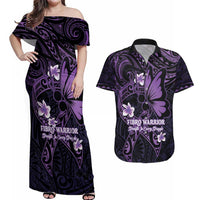 Personalised Fibromyalgia Awareness Month Couples Matching Off Shoulder Maxi Dress and Hawaiian Shirt Fibro Warrior Strength In Every Struggle LT14 Purple - Polynesian Pride