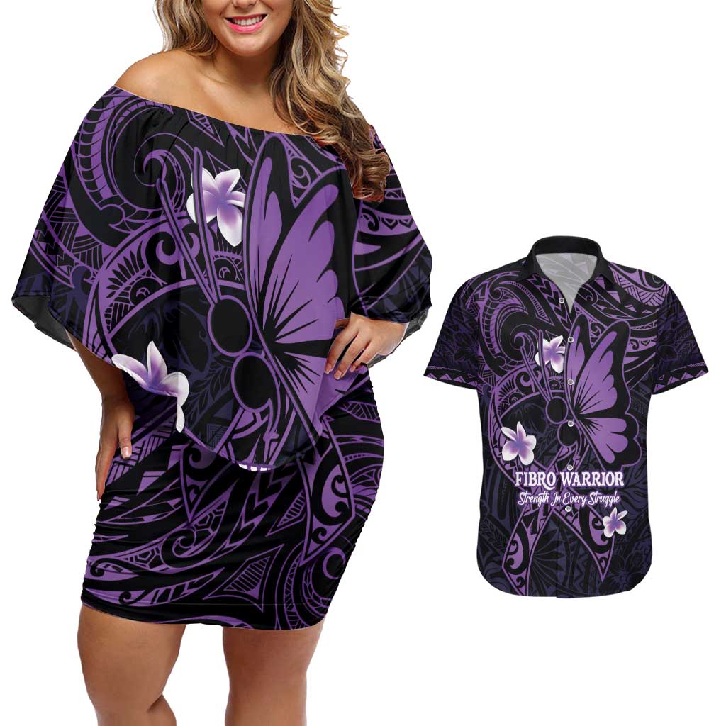 Personalised Fibromyalgia Awareness Month Couples Matching Off Shoulder Short Dress and Hawaiian Shirt Fibro Warrior Strength In Every Struggle LT14 Purple - Polynesian Pride