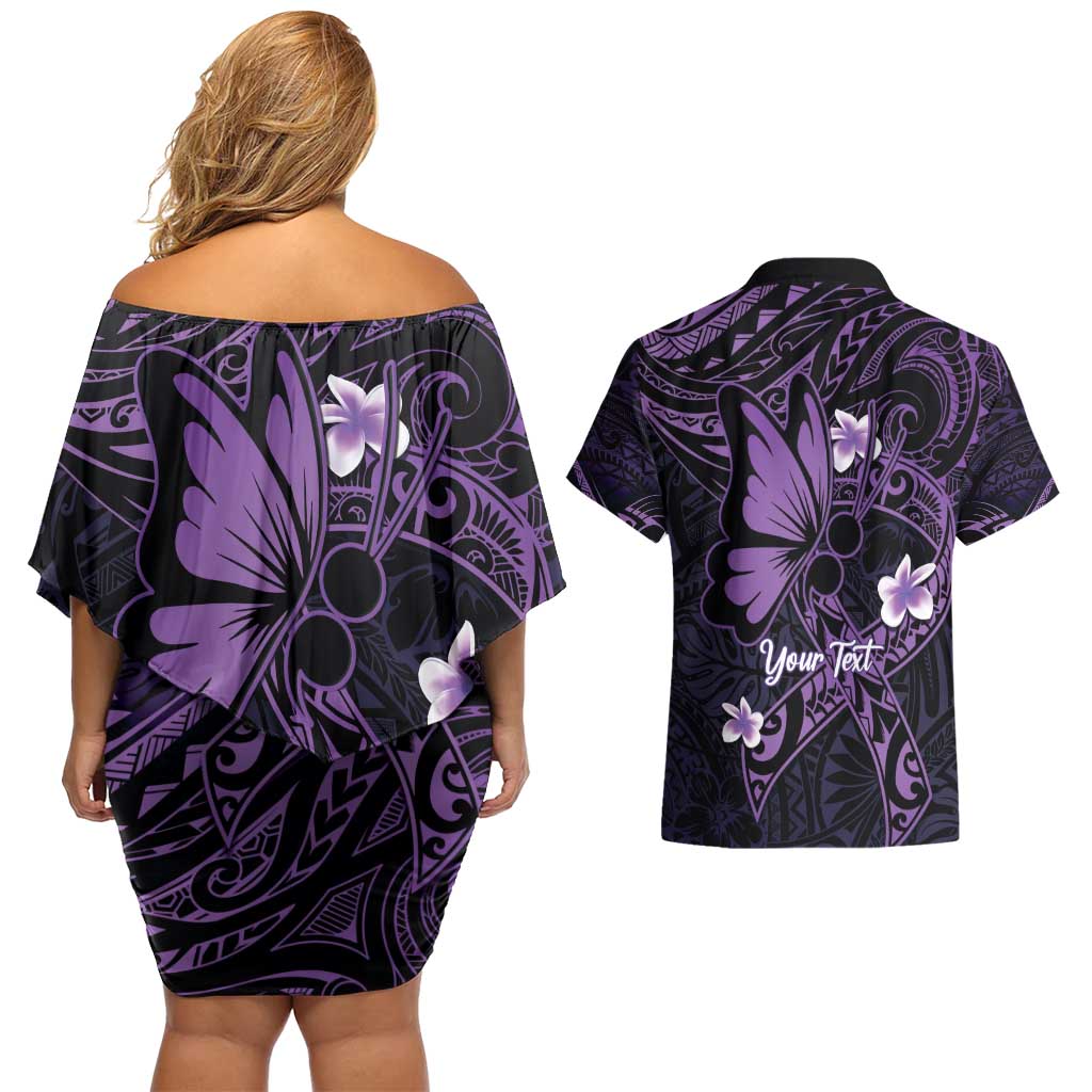 Personalised Fibromyalgia Awareness Month Couples Matching Off Shoulder Short Dress and Hawaiian Shirt Fibro Warrior Strength In Every Struggle LT14 - Polynesian Pride