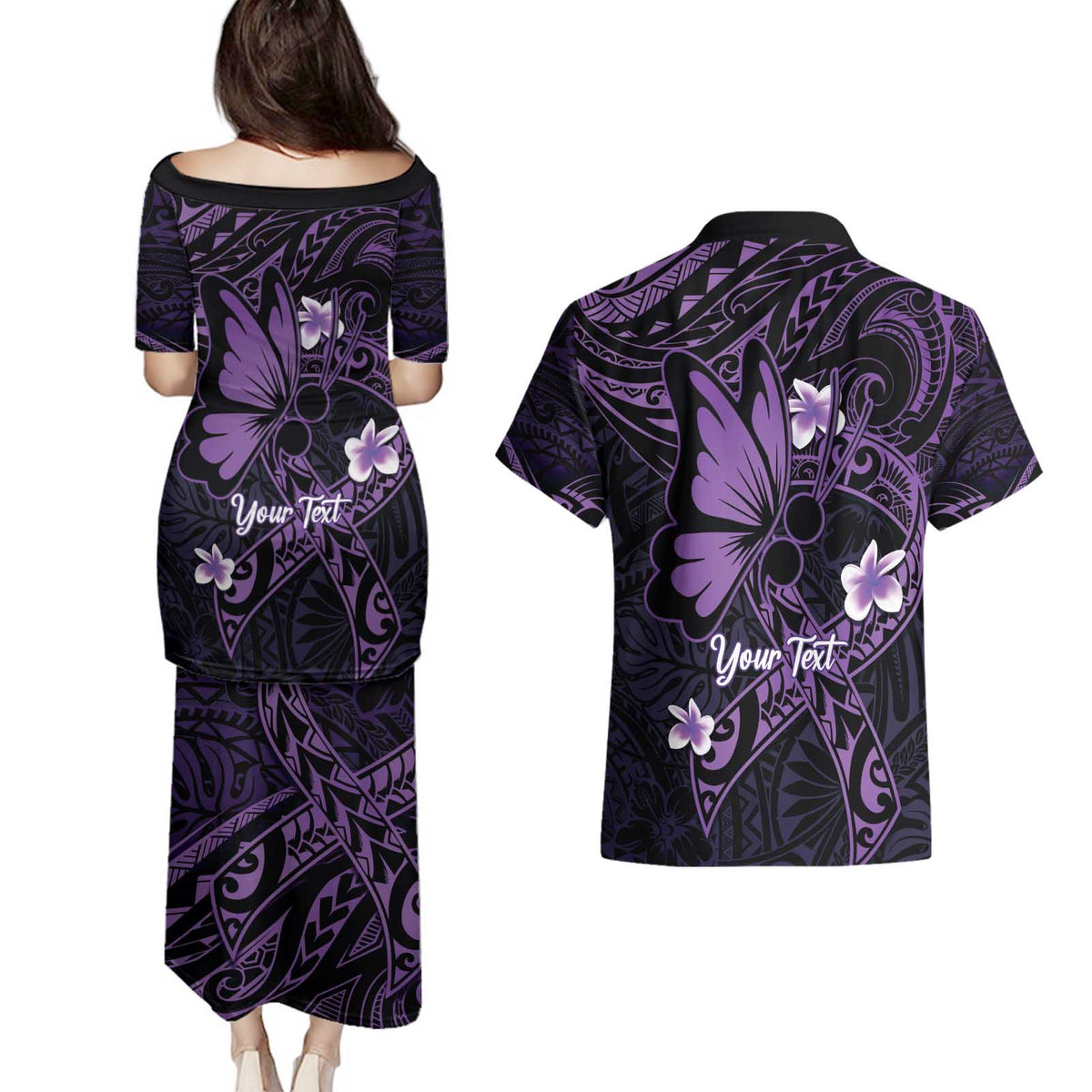 Personalised Fibromyalgia Awareness Month Couples Matching Puletasi and Hawaiian Shirt Fibro Warrior Strength In Every Struggle LT14 - Polynesian Pride