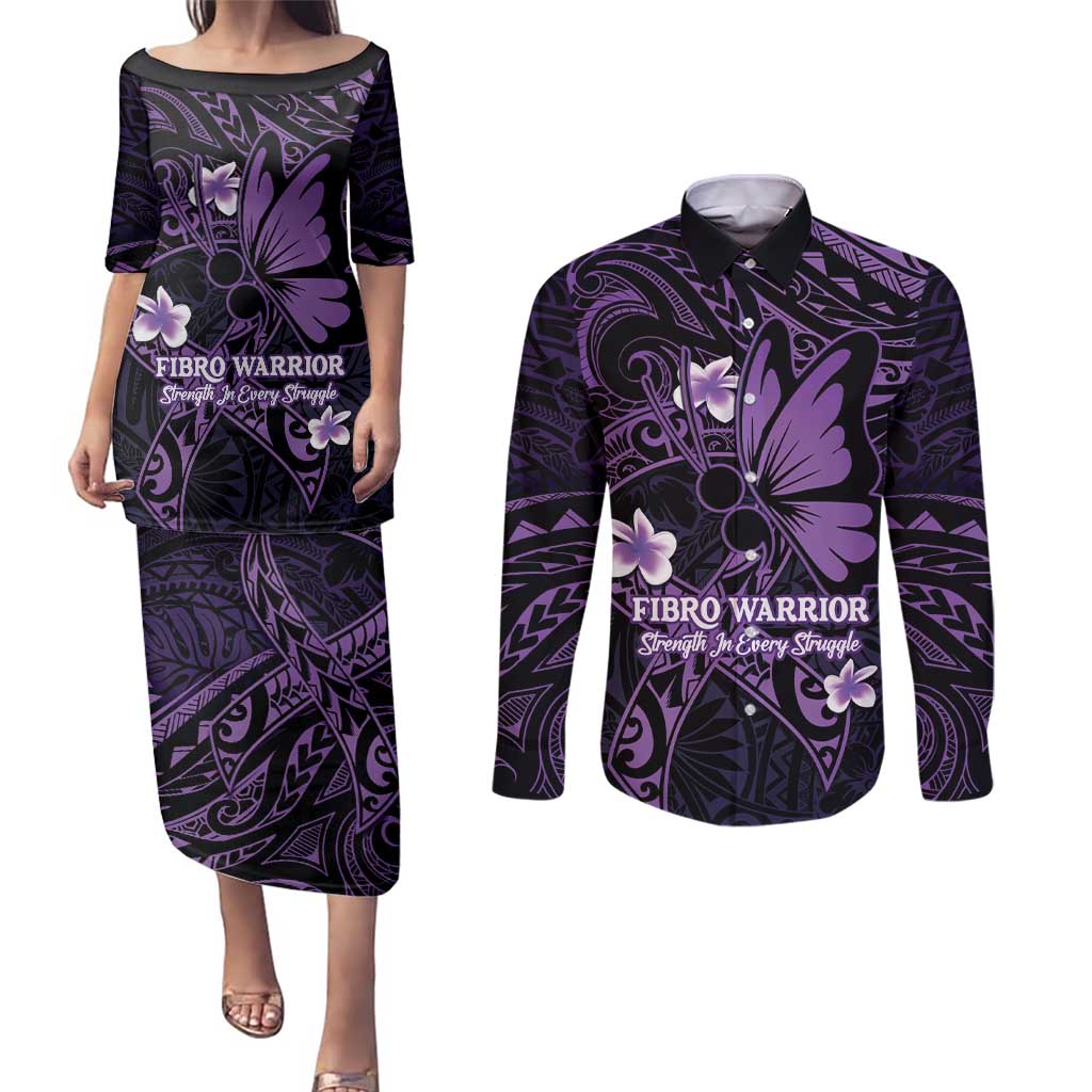 Personalised Fibromyalgia Awareness Month Couples Matching Puletasi and Long Sleeve Button Shirt Fibro Warrior Strength In Every Struggle
