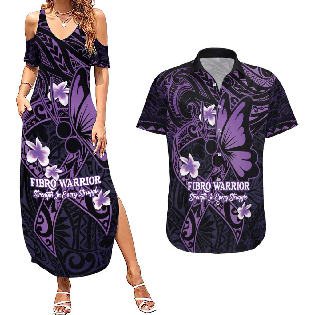 Personalised Fibromyalgia Awareness Month Couples Matching Summer Maxi Dress and Hawaiian Shirt Fibro Warrior Strength In Every Struggle LT14 Purple - Polynesian Pride