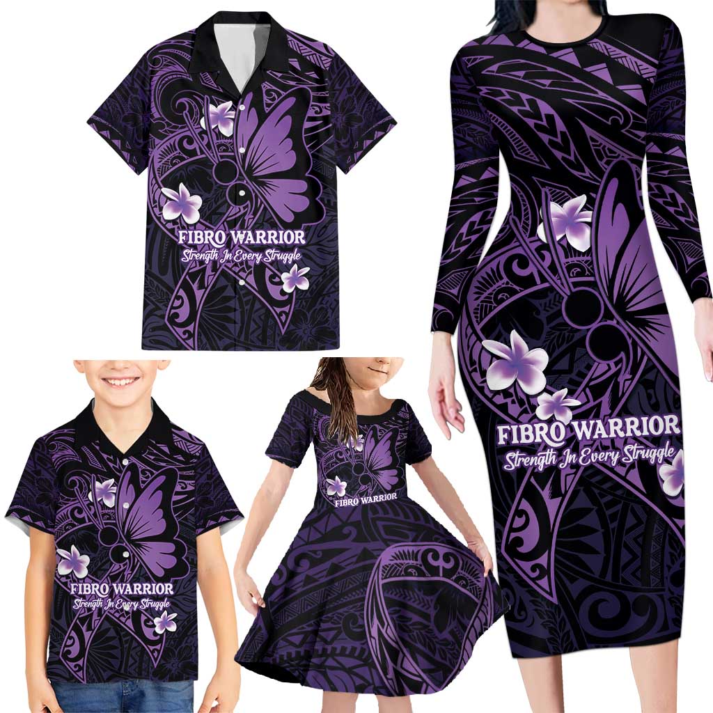 Personalised Fibromyalgia Awareness Month Family Matching Long Sleeve Bodycon Dress and Hawaiian Shirt Fibro Warrior Strength In Every Struggle LT14 - Polynesian Pride