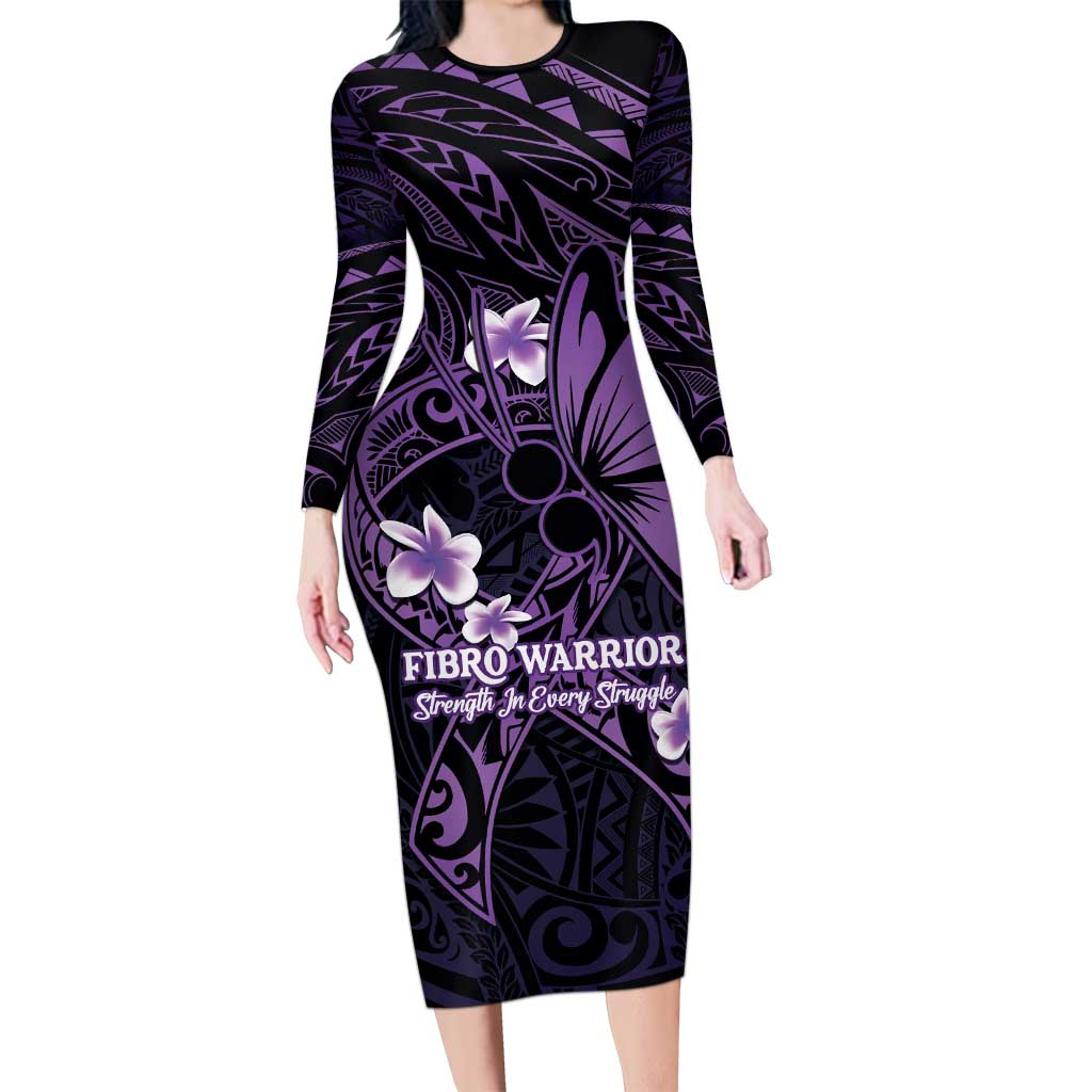 Personalised Fibromyalgia Awareness Month Family Matching Long Sleeve Bodycon Dress and Hawaiian Shirt Fibro Warrior Strength In Every Struggle LT14 Mom's Dress Purple - Polynesian Pride