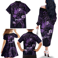 Personalised Fibromyalgia Awareness Month Family Matching Off The Shoulder Long Sleeve Dress and Hawaiian Shirt Fibro Warrior Strength In Every Struggle LT14 - Polynesian Pride