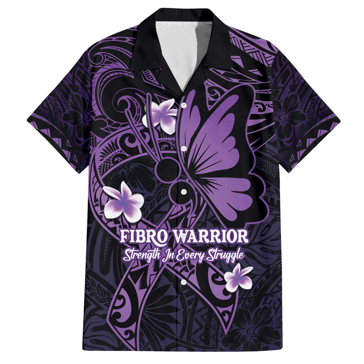 Personalised Fibromyalgia Awareness Month Family Matching Off The Shoulder Long Sleeve Dress and Hawaiian Shirt Fibro Warrior Strength In Every Struggle LT14 Dad's Shirt - Short Sleeve Purple - Polynesian Pride