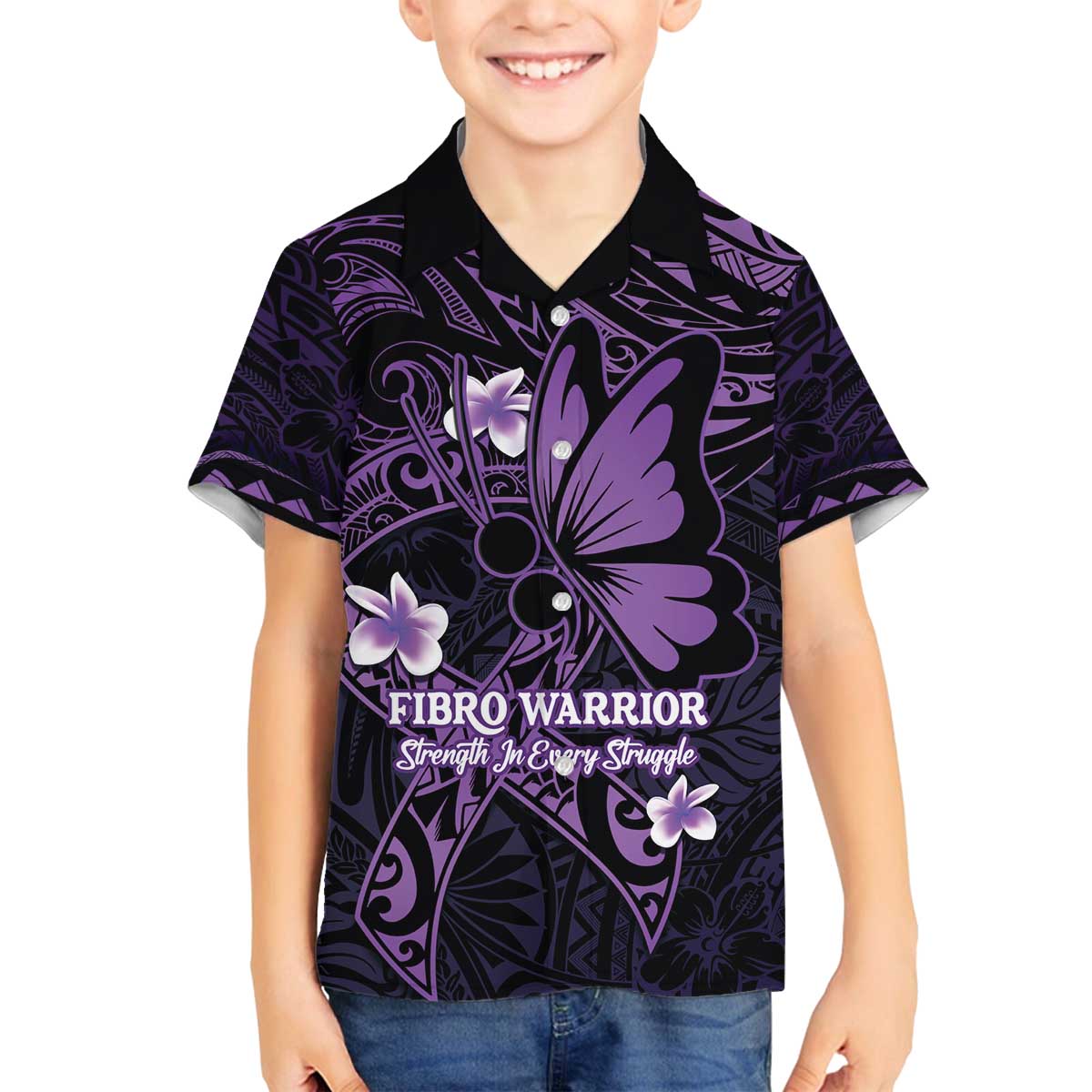 Personalised Fibromyalgia Awareness Month Family Matching Off The Shoulder Long Sleeve Dress and Hawaiian Shirt Fibro Warrior Strength In Every Struggle LT14 Son's Shirt Purple - Polynesian Pride