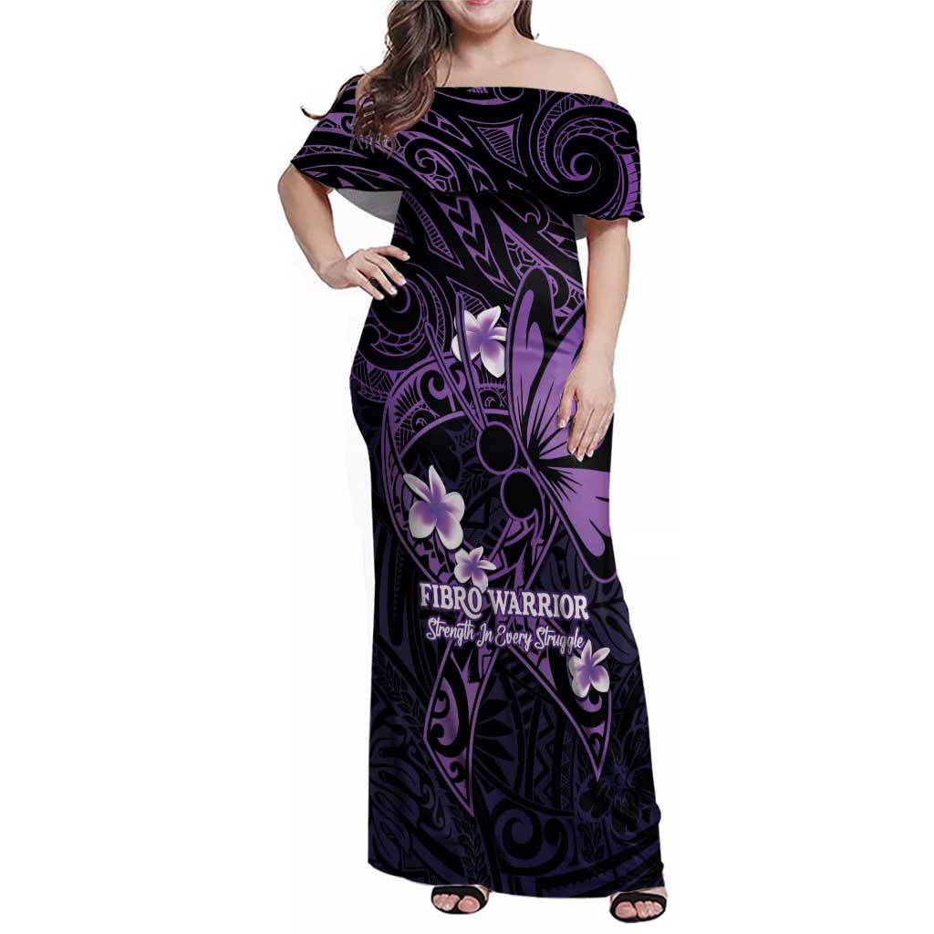Personalised Fibromyalgia Awareness Month Family Matching Off Shoulder Maxi Dress and Hawaiian Shirt Fibro Warrior Strength In Every Struggle LT14 Mom's Dress Purple - Polynesian Pride
