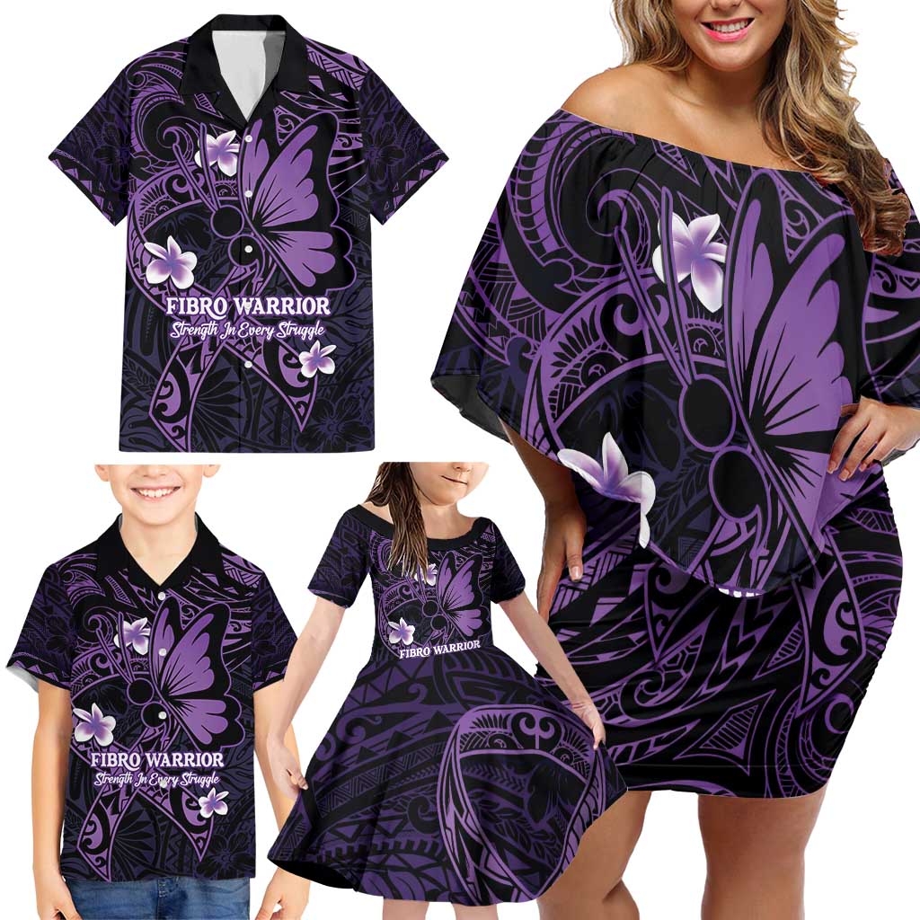 Personalised Fibromyalgia Awareness Month Family Matching Off Shoulder Short Dress and Hawaiian Shirt Fibro Warrior Strength In Every Struggle LT14 - Polynesian Pride