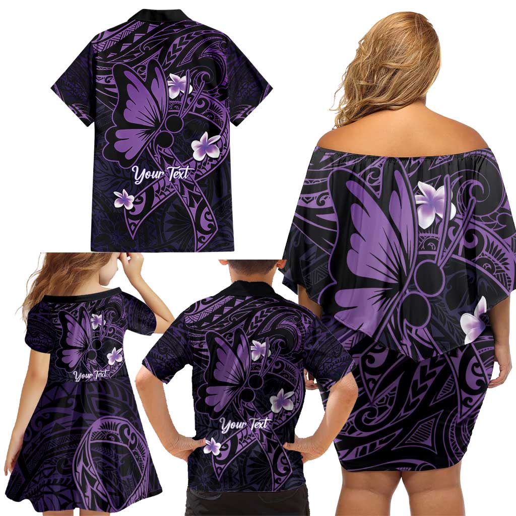 Personalised Fibromyalgia Awareness Month Family Matching Off Shoulder Short Dress and Hawaiian Shirt Fibro Warrior Strength In Every Struggle LT14 - Polynesian Pride