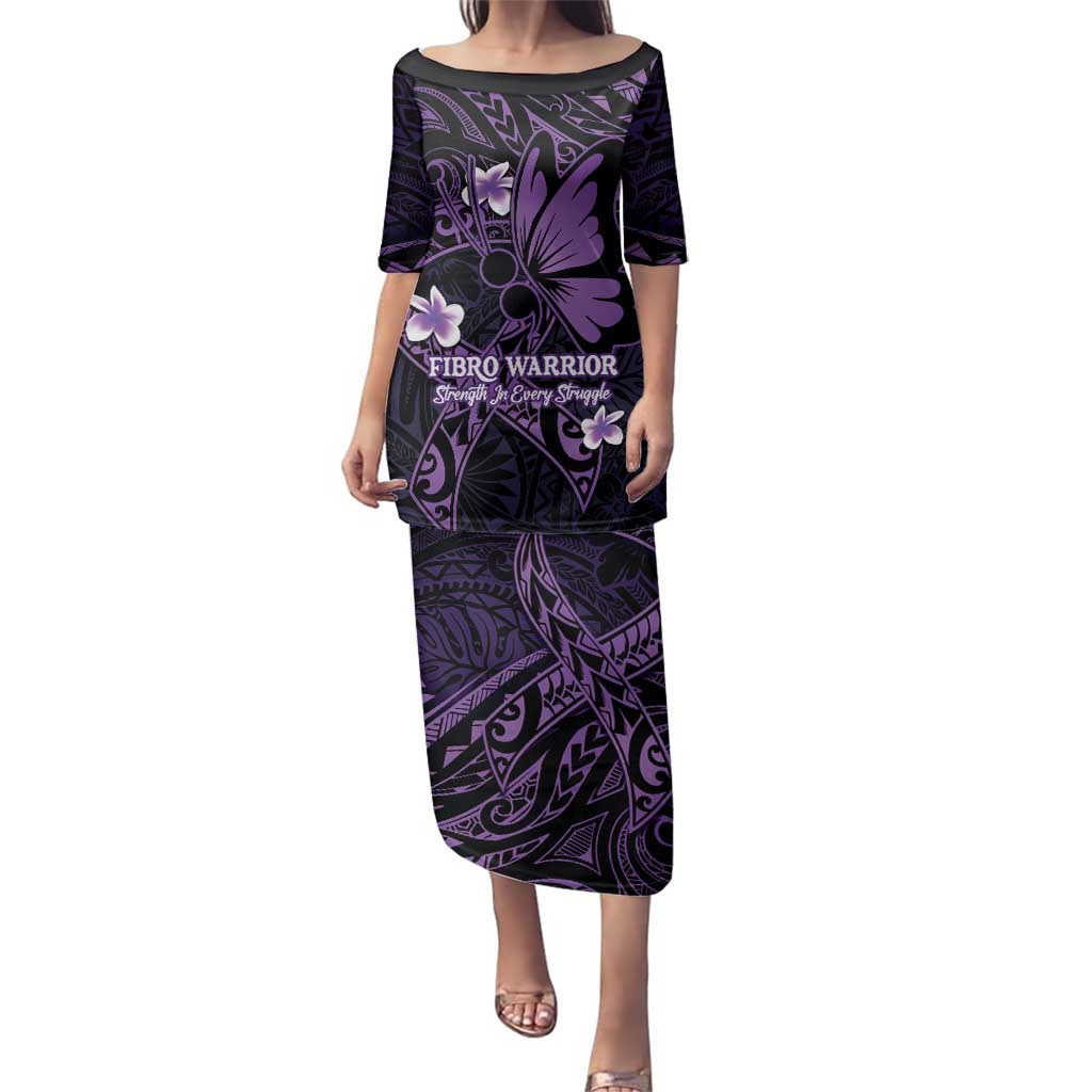 Personalised Fibromyalgia Awareness Month Family Matching Puletasi and Hawaiian Shirt Fibro Warrior Strength In Every Struggle LT14 Mom's Dress Purple - Polynesian Pride