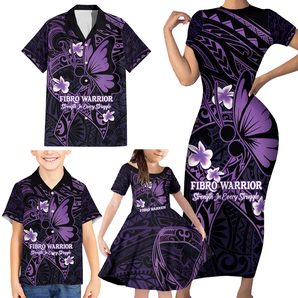 Personalised Fibromyalgia Awareness Month Family Matching Short Sleeve Bodycon Dress and Hawaiian Shirt Fibro Warrior Strength In Every Struggle LT14 - Polynesian Pride