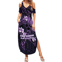 Personalised Fibromyalgia Awareness Month Family Matching Summer Maxi Dress and Hawaiian Shirt Fibro Warrior Strength In Every Struggle LT14 Mom's Dress Purple - Polynesian Pride