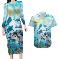 Personalized Snorkeling Hawaii Couples Matching Long Sleeve Bodycon Dress and Hawaiian Shirt Ocean Lover Hawaiian Kakau Honu Turtle LT14 Cyan - Polynesian Pride