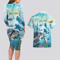 Personalized Snorkeling Hawaii Couples Matching Long Sleeve Bodycon Dress and Hawaiian Shirt Ocean Lover Hawaiian Kakau Honu Turtle LT14 - Polynesian Pride