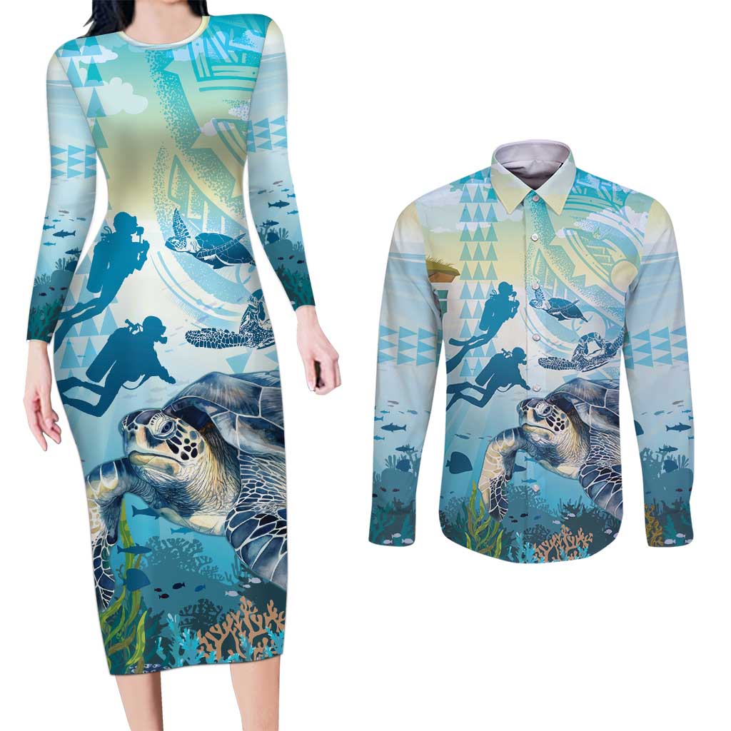 Personalized Snorkeling Hawaii Couples Matching Long Sleeve Bodycon Dress and Long Sleeve Button Shirt Ocean Lover Hawaiian Kakau Honu Turtle LT14 Cyan - Polynesian Pride