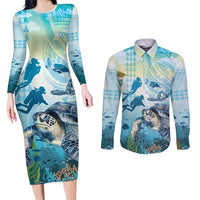 Personalized Snorkeling Hawaii Couples Matching Long Sleeve Bodycon Dress and Long Sleeve Button Shirt Ocean Lover Hawaiian Kakau Honu Turtle LT14 Cyan - Polynesian Pride