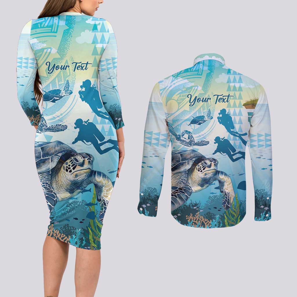 Personalized Snorkeling Hawaii Couples Matching Long Sleeve Bodycon Dress and Long Sleeve Button Shirt Ocean Lover Hawaiian Kakau Honu Turtle LT14 - Polynesian Pride