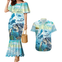 Personalized Snorkeling Hawaii Couples Matching Mermaid Dress and Hawaiian Shirt Ocean Lover Hawaiian Kakau Honu Turtle LT14 Cyan - Polynesian Pride