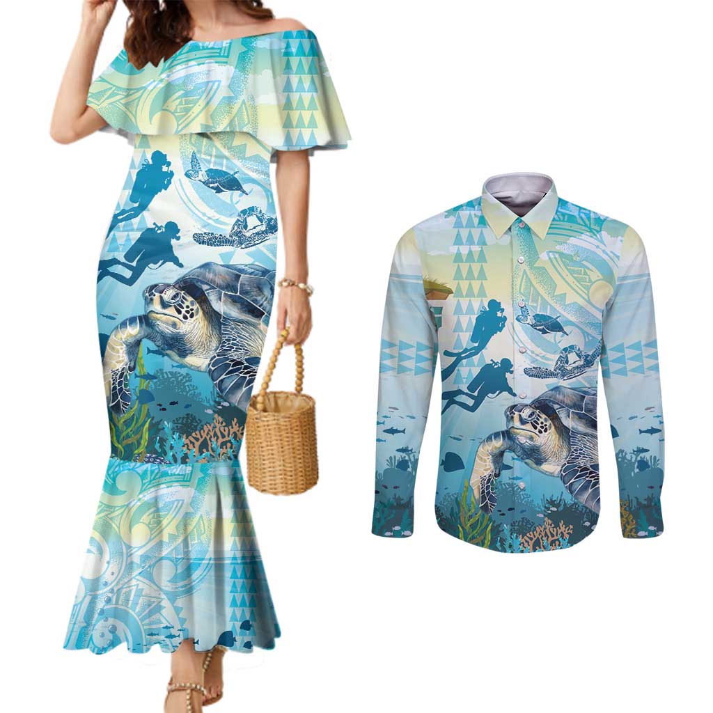 Personalized Snorkeling Hawaii Couples Matching Mermaid Dress and Long Sleeve Button Shirt Ocean Lover Hawaiian Kakau Honu Turtle LT14 Cyan - Polynesian Pride