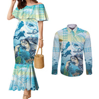 Personalized Snorkeling Hawaii Couples Matching Mermaid Dress and Long Sleeve Button Shirt Ocean Lover Hawaiian Kakau Honu Turtle LT14 Cyan - Polynesian Pride