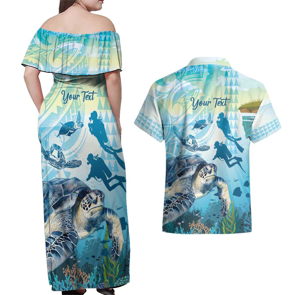 Personalized Snorkeling Hawaii Couples Matching Off Shoulder Maxi Dress and Hawaiian Shirt Ocean Lover Hawaiian Kakau Honu Turtle LT14 - Polynesian Pride
