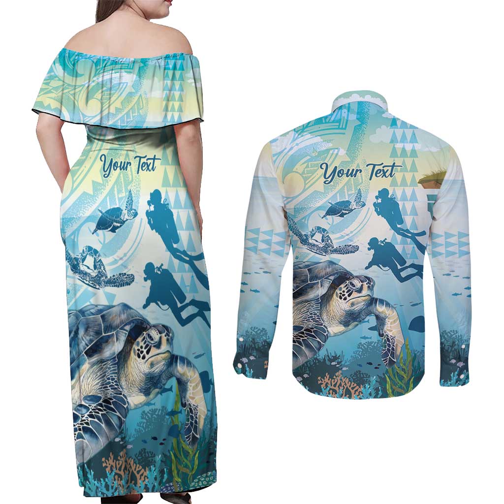 Personalized Snorkeling Hawaii Couples Matching Off Shoulder Maxi Dress and Long Sleeve Button Shirt Ocean Lover Hawaiian Kakau Honu Turtle LT14 - Polynesian Pride