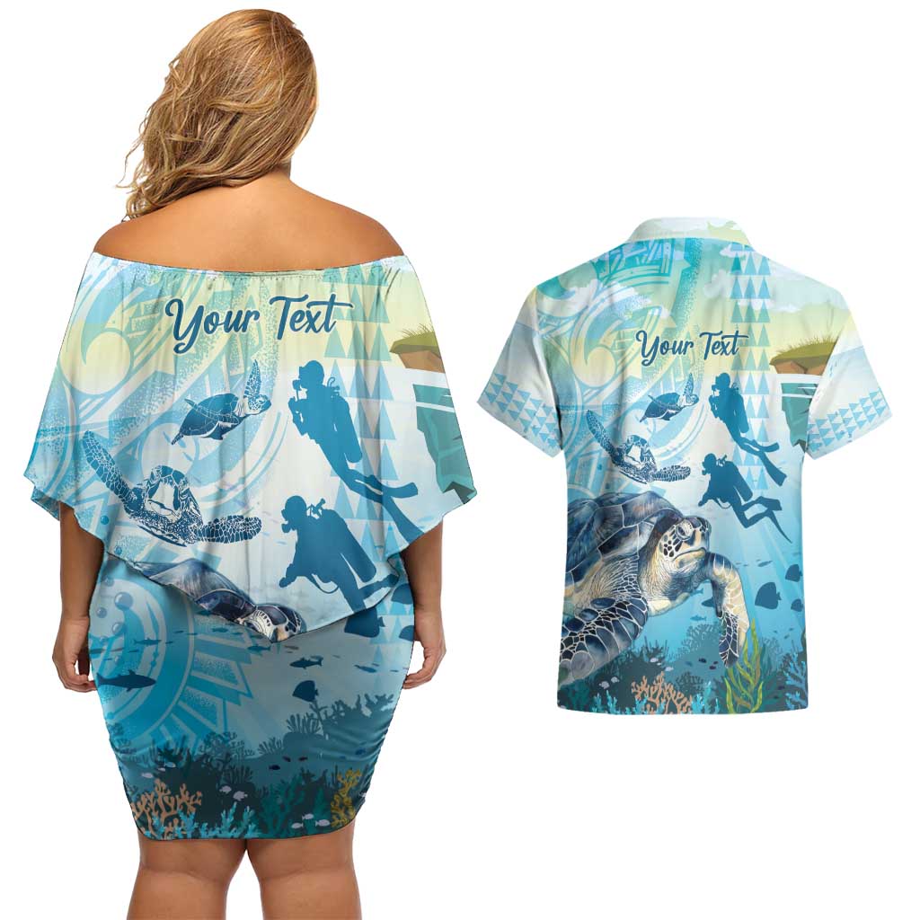Personalized Snorkeling Hawaii Couples Matching Off Shoulder Short Dress and Hawaiian Shirt Ocean Lover Hawaiian Kakau Honu Turtle LT14 - Polynesian Pride