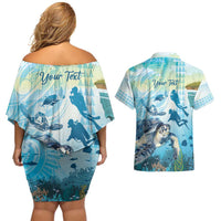 Personalized Snorkeling Hawaii Couples Matching Off Shoulder Short Dress and Hawaiian Shirt Ocean Lover Hawaiian Kakau Honu Turtle LT14 - Polynesian Pride