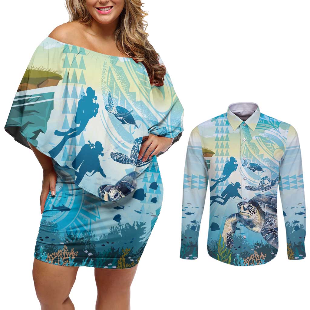 Personalized Snorkeling Hawaii Couples Matching Off Shoulder Short Dress and Long Sleeve Button Shirt Ocean Lover Hawaiian Kakau Honu Turtle LT14 Cyan - Polynesian Pride