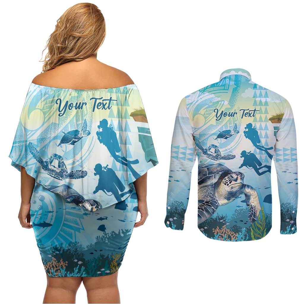 Personalized Snorkeling Hawaii Couples Matching Off Shoulder Short Dress and Long Sleeve Button Shirt Ocean Lover Hawaiian Kakau Honu Turtle LT14 - Polynesian Pride