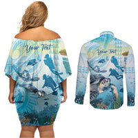 Personalized Snorkeling Hawaii Couples Matching Off Shoulder Short Dress and Long Sleeve Button Shirt Ocean Lover Hawaiian Kakau Honu Turtle LT14 - Polynesian Pride