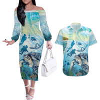 Personalized Snorkeling Hawaii Couples Matching Off The Shoulder Long Sleeve Dress and Hawaiian Shirt Ocean Lover Hawaiian Kakau Honu Turtle LT14 Cyan - Polynesian Pride