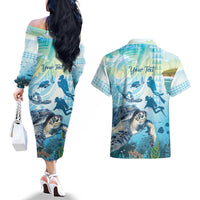 Personalized Snorkeling Hawaii Couples Matching Off The Shoulder Long Sleeve Dress and Hawaiian Shirt Ocean Lover Hawaiian Kakau Honu Turtle LT14 - Polynesian Pride