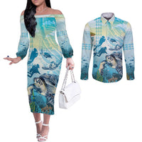 Personalized Snorkeling Hawaii Couples Matching Off The Shoulder Long Sleeve Dress and Long Sleeve Button Shirt Ocean Lover Hawaiian Kakau Honu Turtle LT14 Cyan - Polynesian Pride