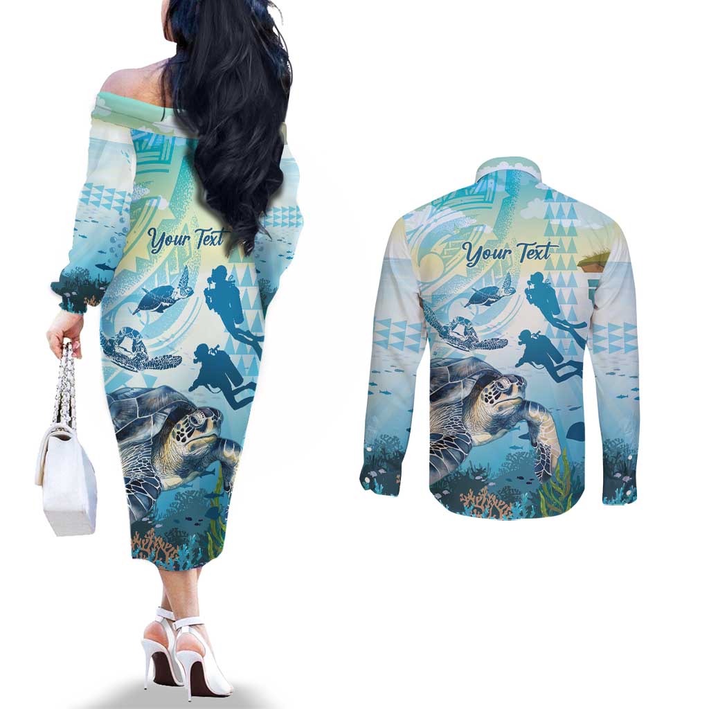 Personalized Snorkeling Hawaii Couples Matching Off The Shoulder Long Sleeve Dress and Long Sleeve Button Shirt Ocean Lover Hawaiian Kakau Honu Turtle LT14 - Polynesian Pride