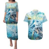 Personalized Snorkeling Hawaii Couples Matching Puletasi and Hawaiian Shirt Ocean Lover Hawaiian Kakau Honu Turtle LT14 Cyan - Polynesian Pride