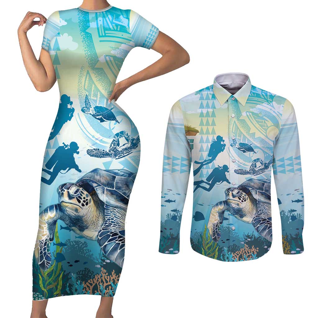 Personalized Snorkeling Hawaii Couples Matching Short Sleeve Bodycon Dress and Long Sleeve Button Shirt Ocean Lover Hawaiian Kakau Honu Turtle LT14 Cyan - Polynesian Pride
