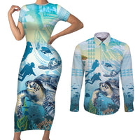 Personalized Snorkeling Hawaii Couples Matching Short Sleeve Bodycon Dress and Long Sleeve Button Shirt Ocean Lover Hawaiian Kakau Honu Turtle LT14 Cyan - Polynesian Pride