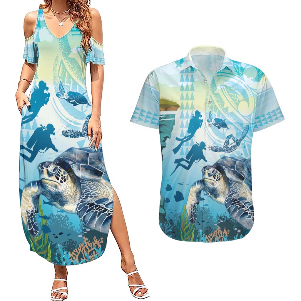 Personalized Snorkeling Hawaii Couples Matching Summer Maxi Dress and Hawaiian Shirt Ocean Lover Hawaiian Kakau Honu Turtle LT14 Cyan - Polynesian Pride