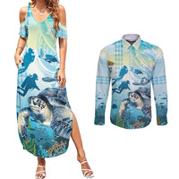 Personalized Snorkeling Hawaii Couples Matching Summer Maxi Dress and Long Sleeve Button Shirt Ocean Lover Hawaiian Kakau Honu Turtle LT14 Cyan - Polynesian Pride