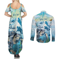 Personalized Snorkeling Hawaii Couples Matching Summer Maxi Dress and Long Sleeve Button Shirt Ocean Lover Hawaiian Kakau Honu Turtle LT14 - Polynesian Pride