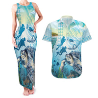 Personalized Snorkeling Hawaii Couples Matching Tank Maxi Dress and Hawaiian Shirt Ocean Lover Hawaiian Kakau Honu Turtle LT14 Cyan - Polynesian Pride