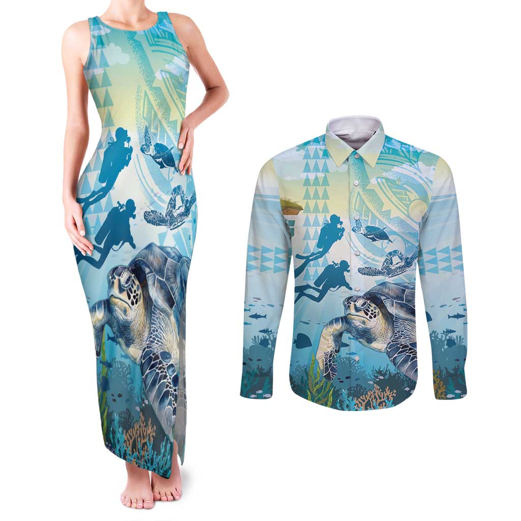 Personalized Snorkeling Hawaii Couples Matching Tank Maxi Dress and Long Sleeve Button Shirt Ocean Lover Hawaiian Kakau Honu Turtle LT14 Cyan - Polynesian Pride